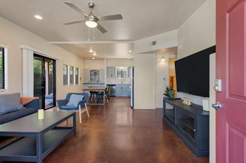 A living room with a blue couch and a television.